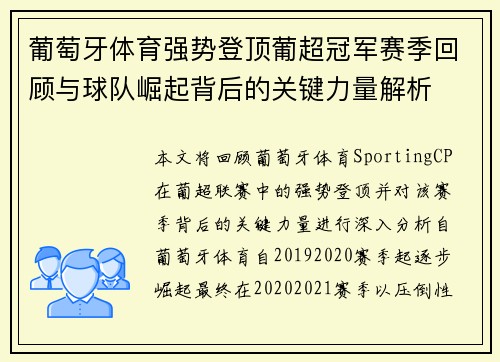 葡萄牙体育强势登顶葡超冠军赛季回顾与球队崛起背后的关键力量解析